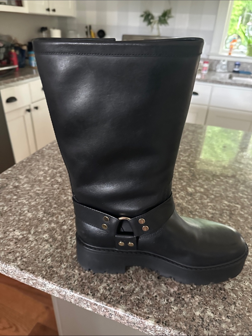 Marc Fisher Black Leather Mid-Calf Harness Boot with Lug Sole